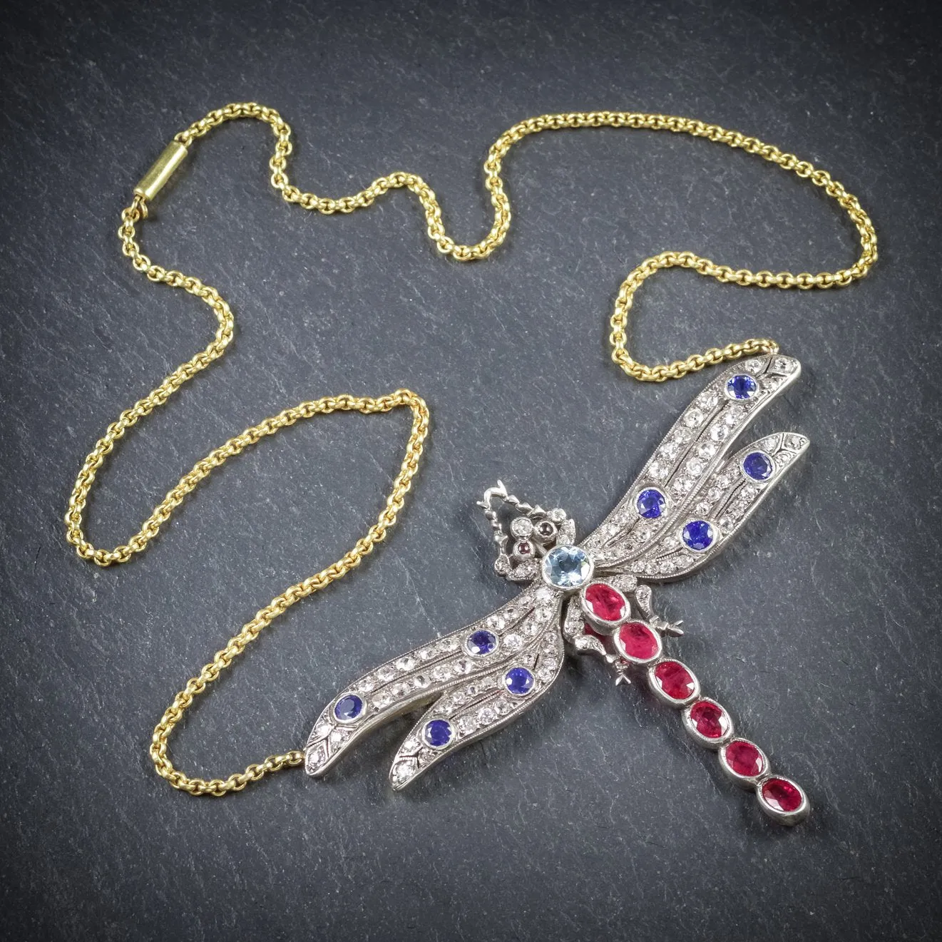 Diamond Dragonfly Pendant Necklace Diamonds Rubies Sapphires Aquamarine