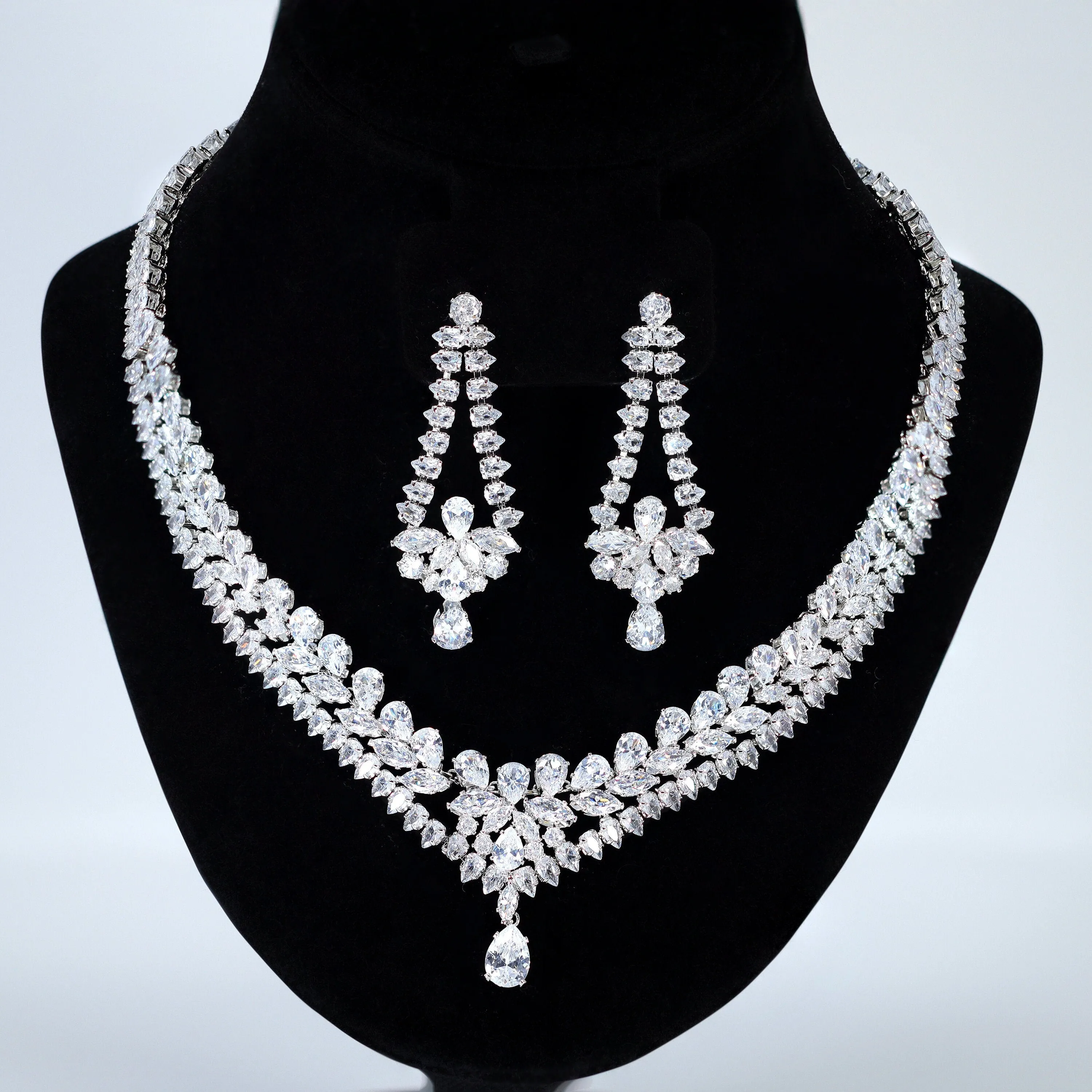 Diamond/ Swarovski Crystal Enchanting Lotus Floral Vine Drop Necklace Set, Long Bridal Jewelry Set, Statement Earrings