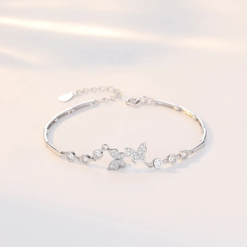 Double Flying Zircon Butterfly Silver Bracelet for Women