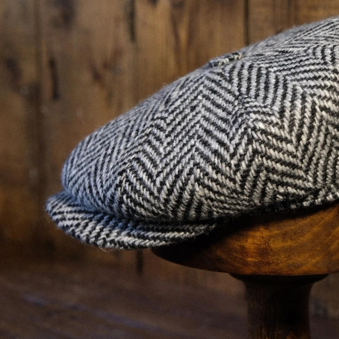 Eight Piece White & Black Herringbone Wool Newsboy Cap