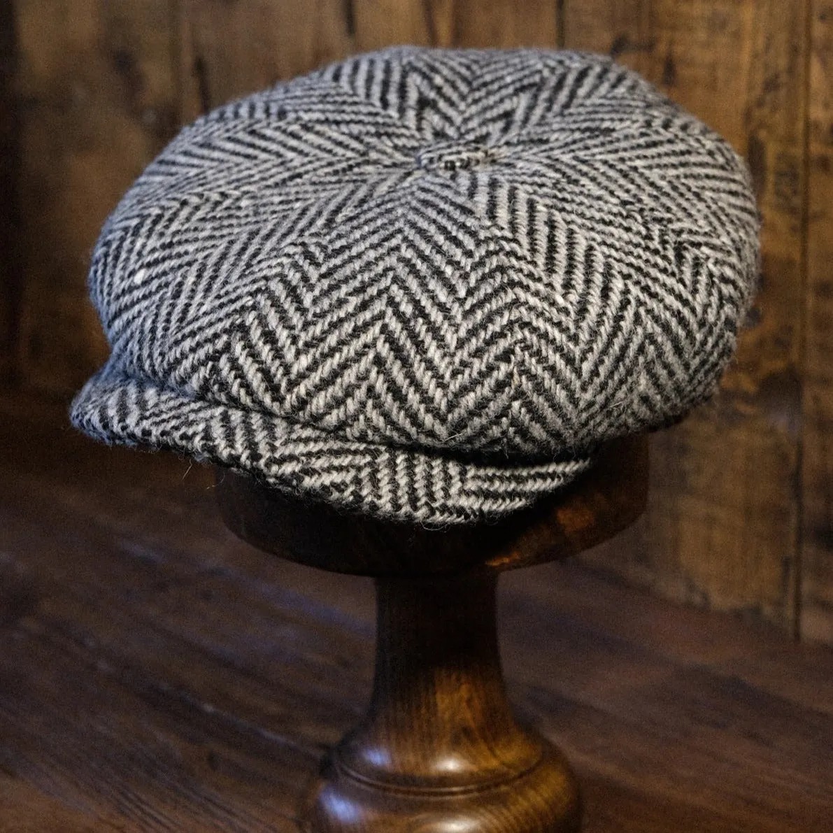 Eight Piece White & Black Herringbone Wool Newsboy Cap