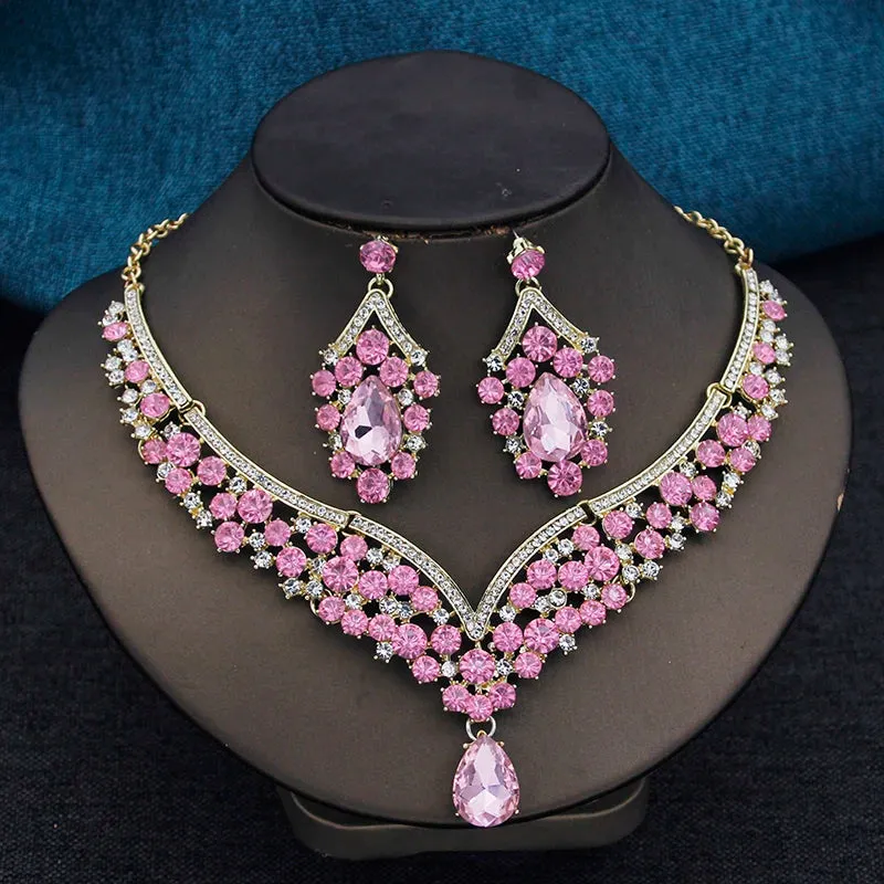 Elegant 2pcs Rhinestone Crystal Choker Necklace Earring Sets for Women Fashion Jewelry Sets