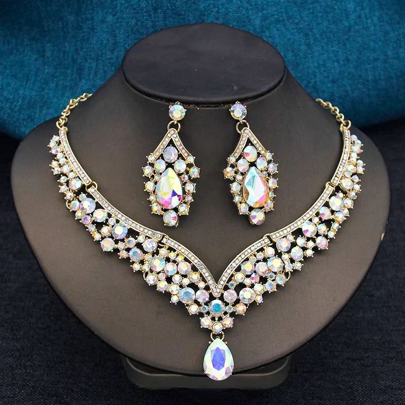 Elegant 2pcs Rhinestone Crystal Choker Necklace Earring Sets for Women Fashion Jewelry Sets