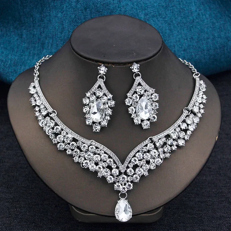 Elegant 2pcs Rhinestone Crystal Choker Necklace Earring Sets for Women Fashion Jewelry Sets