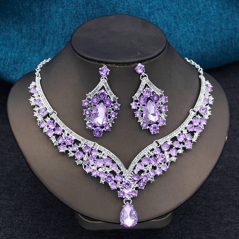 Elegant 2pcs Rhinestone Crystal Choker Necklace Earring Sets for Women Fashion Jewelry Sets