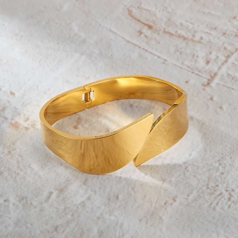 Elegant Gold Finish Wide Cuff Bangle for Women - Fashion Jewelry Bracelet, Adjustable, Modern Minimalist Design