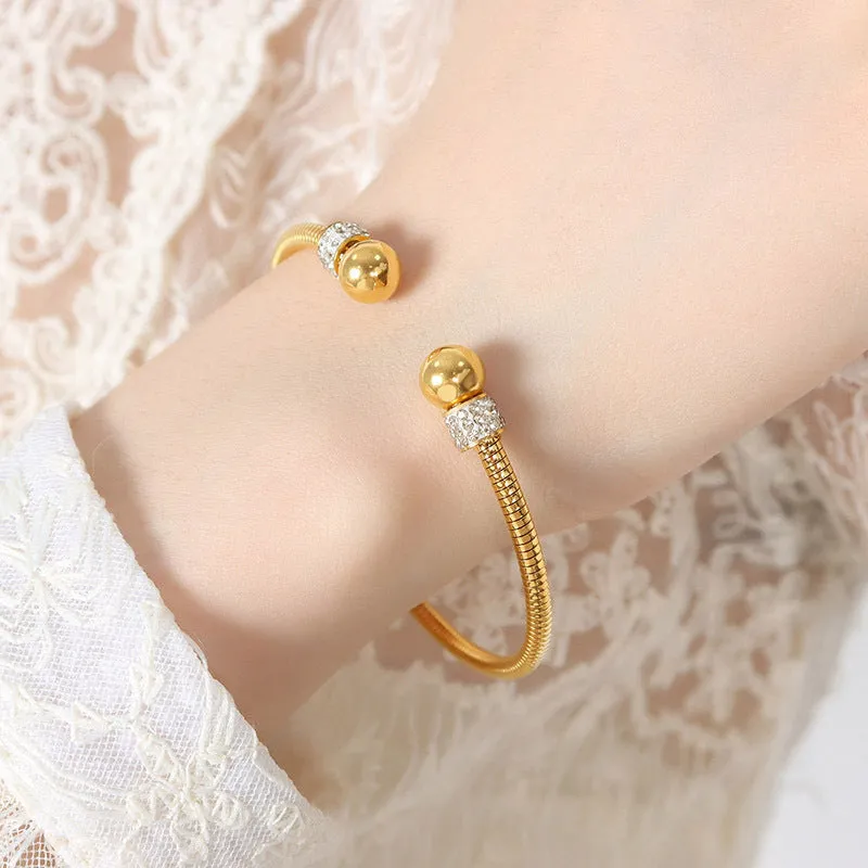 Elegant Titanium Steel Gold-Plated Bracelet with Zircon Beads - Wholesale Women's Jewelry