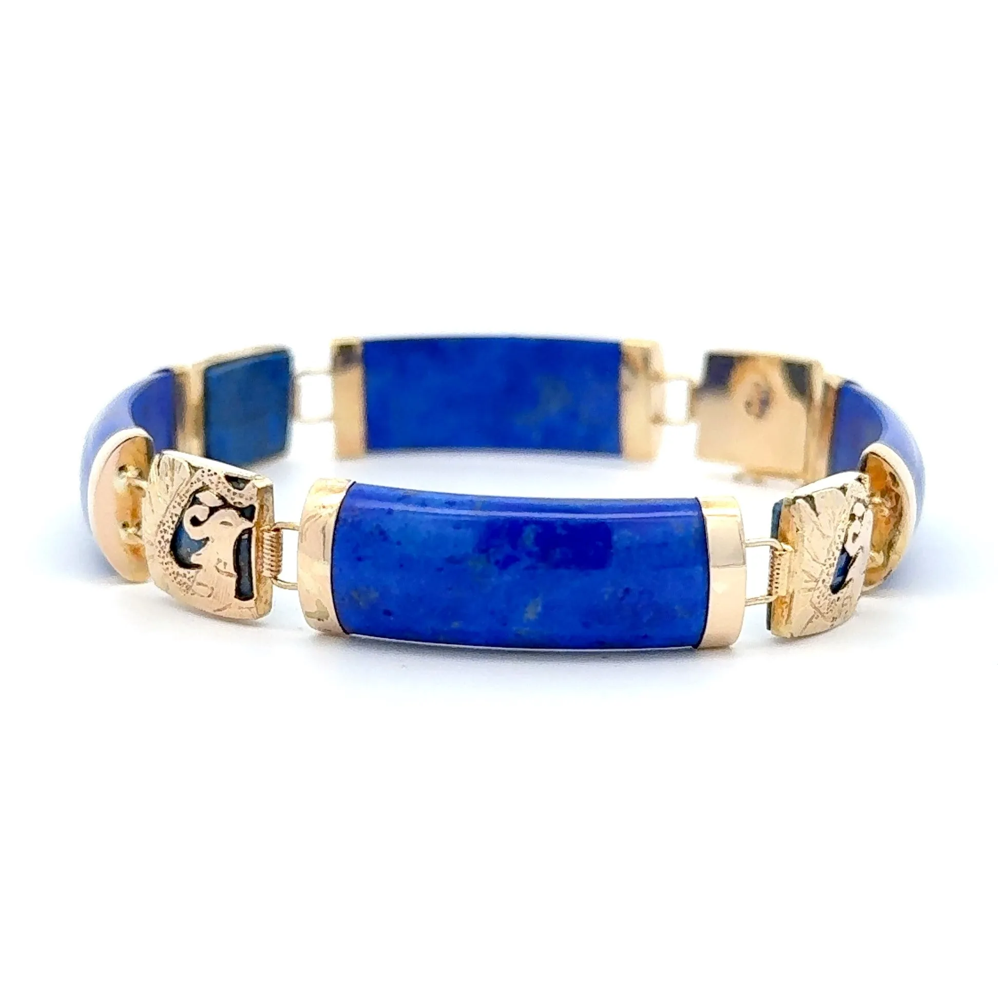 Estate 14K Yellow Gold Bird Motif Lapis Lazuli Bracelet