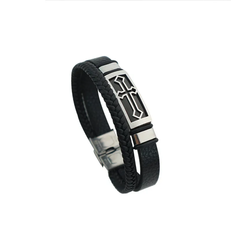 European And American Retro Cross Double Leather Rope Couple Bracelet