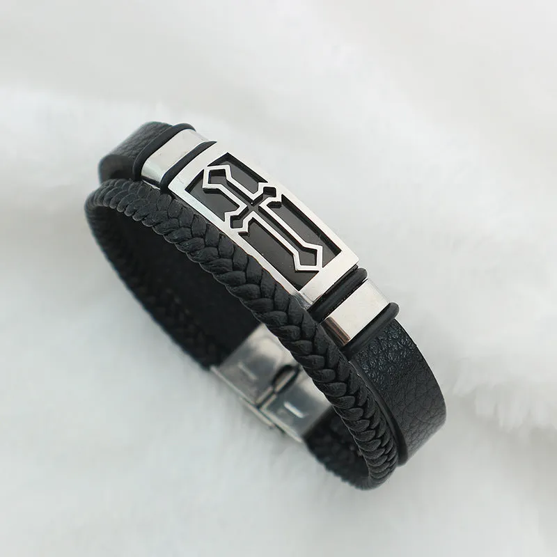 European And American Retro Cross Double Leather Rope Couple Bracelet