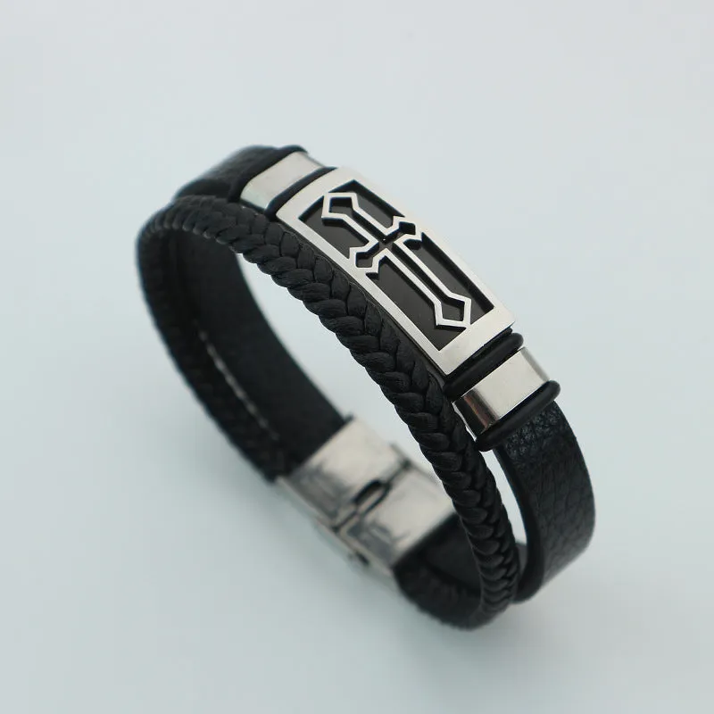 European And American Retro Cross Double Leather Rope Couple Bracelet