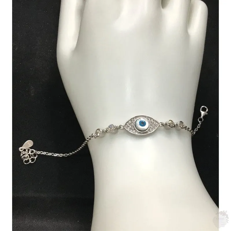 Evil Eye Sterling Silver Bracelet with Dual Zircon Stones