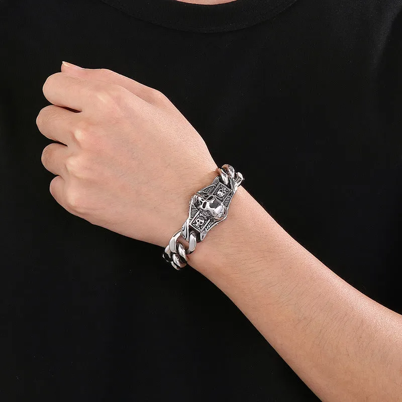 Exaggerated Halloween Carnival Skull Shield Bracelet - Retro Cuban Chain in Titanium Steel for Men