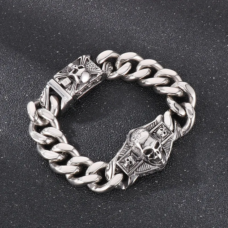 Exaggerated Halloween Carnival Skull Shield Bracelet - Retro Cuban Chain in Titanium Steel for Men