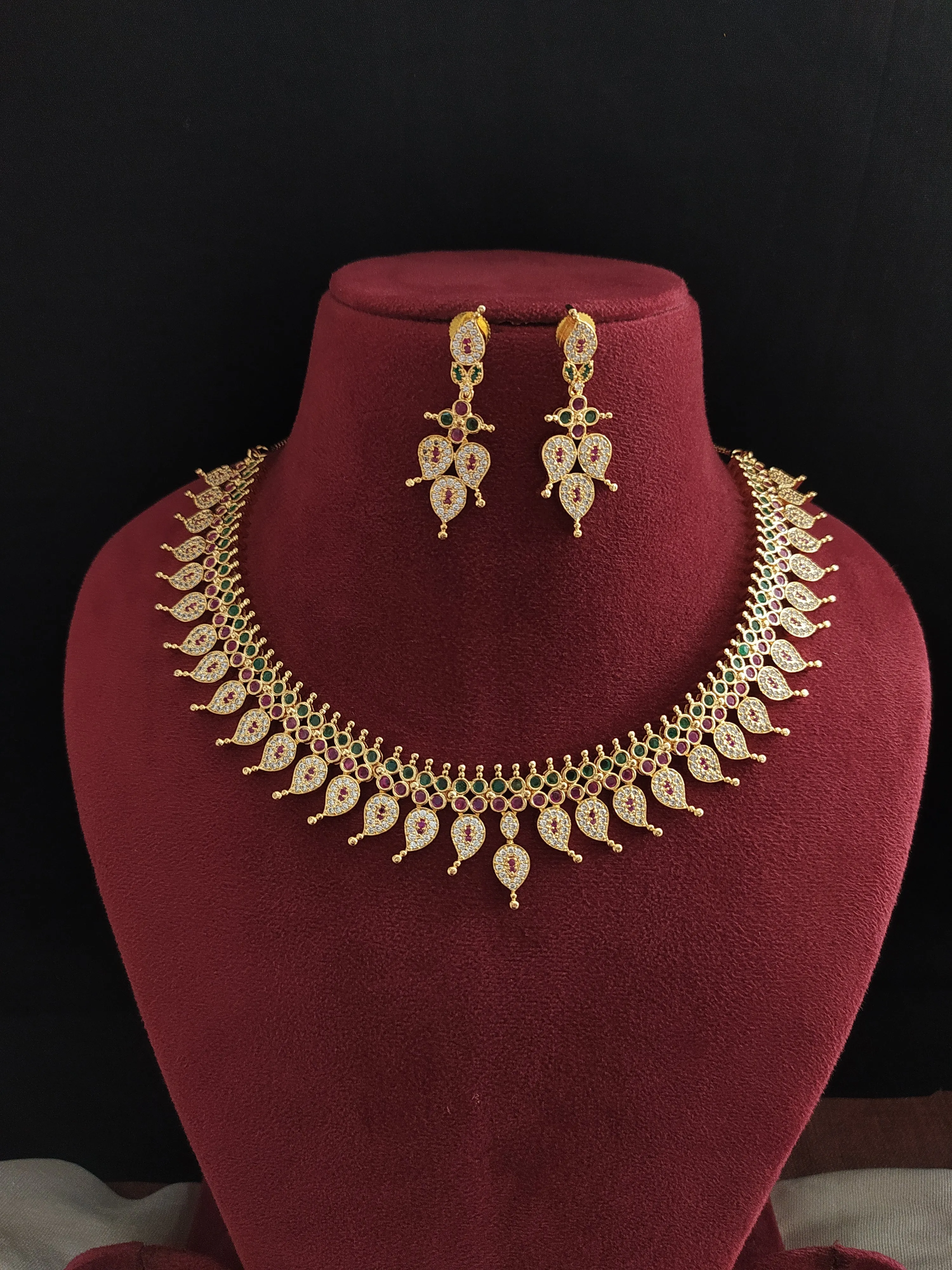 Exquisite Gold-Plated Mango Necklace Set with Diamond Stones