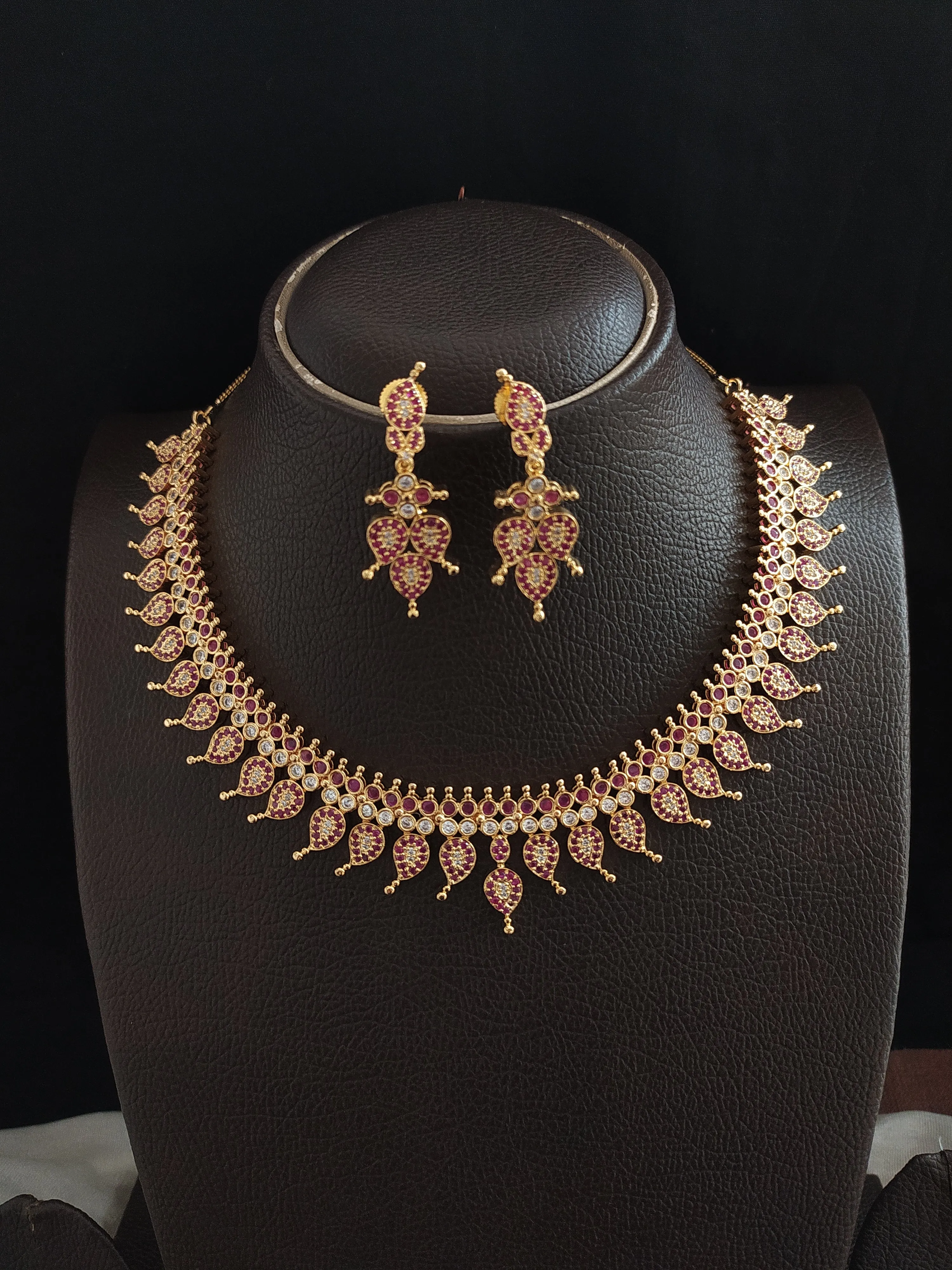 Exquisite Gold-Plated Mango Necklace Set with Diamond Stones