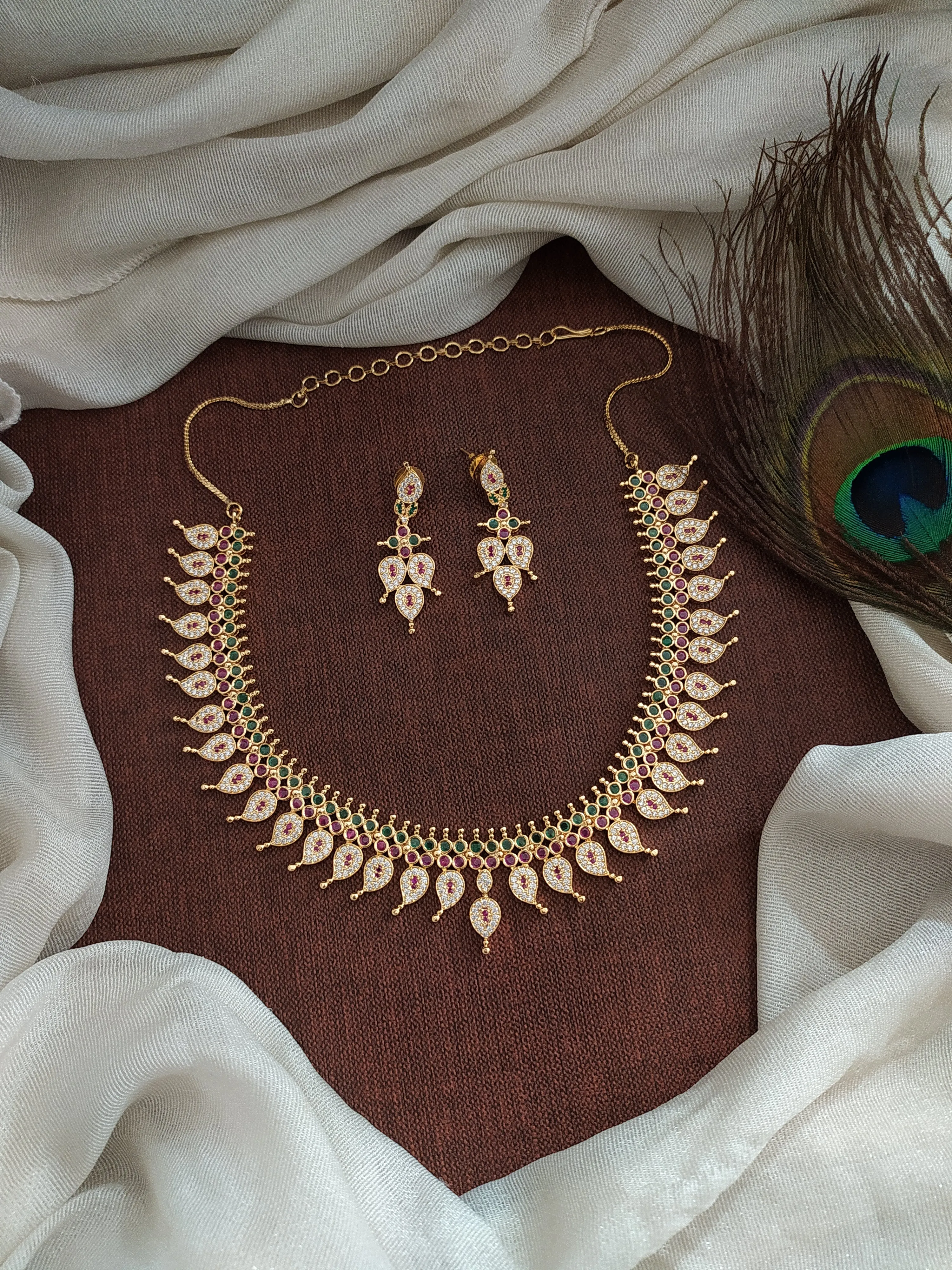 Exquisite Gold-Plated Mango Necklace Set with Diamond Stones