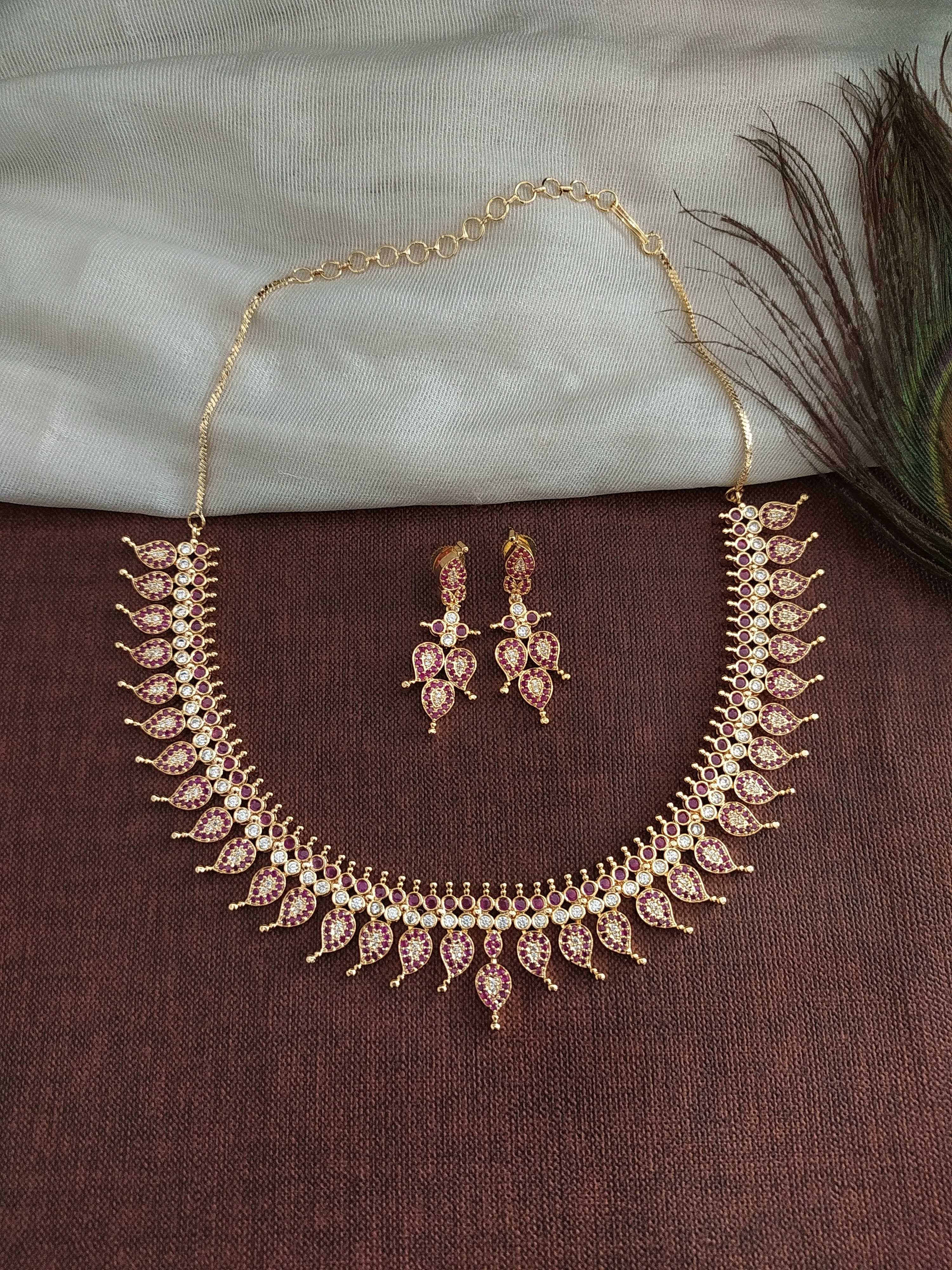 Exquisite Gold-Plated Mango Necklace Set with Diamond Stones