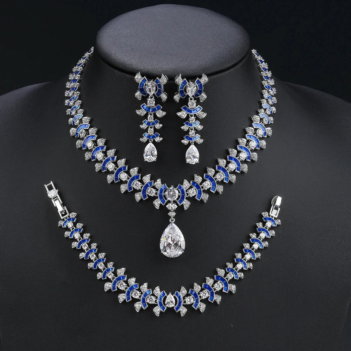 Fashion Elegant 4 Colors Cubic Zirconia Necklace Earrings Bracelet Set  Bridal Wedding Jewelry Set Party Accessories CN11265