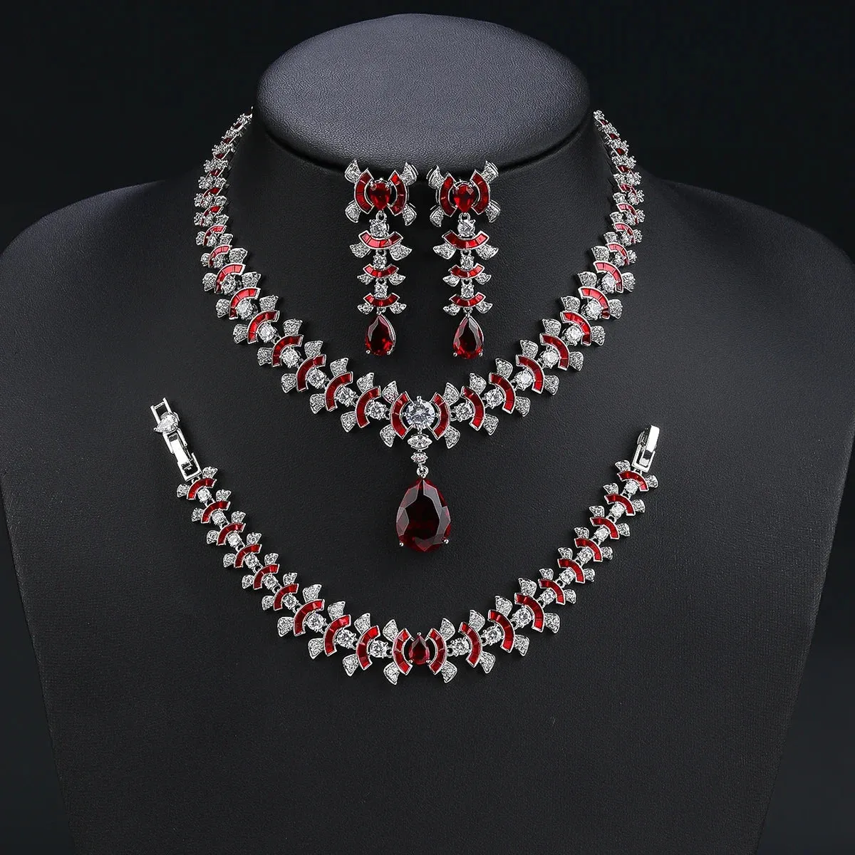 Fashion Elegant 4 Colors Cubic Zirconia Necklace Earrings Bracelet Set  Bridal Wedding Jewelry Set Party Accessories CN11265