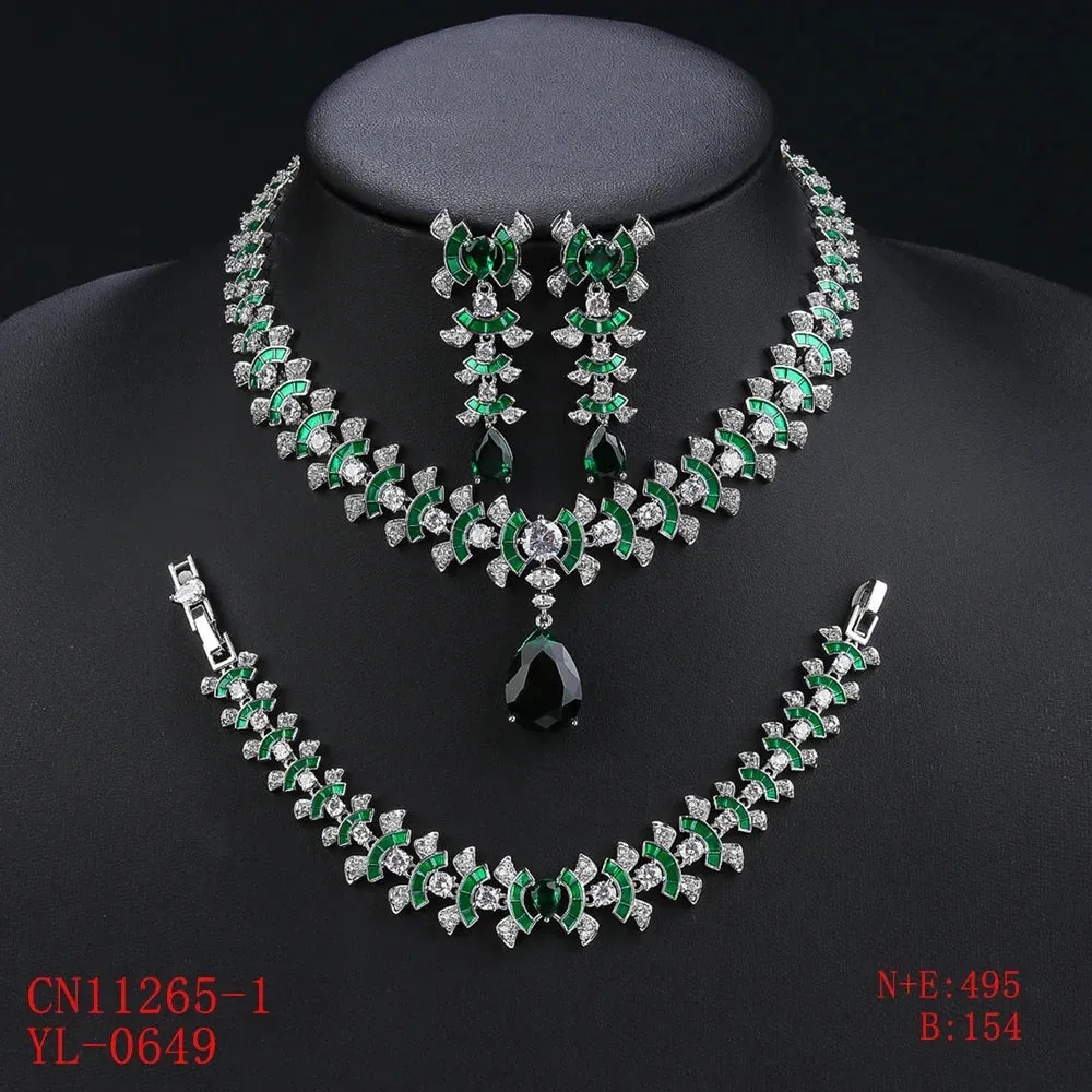 Fashion Elegant 4 Colors Cubic Zirconia Necklace Earrings Bracelet Set  Bridal Wedding Jewelry Set Party Accessories CN11265