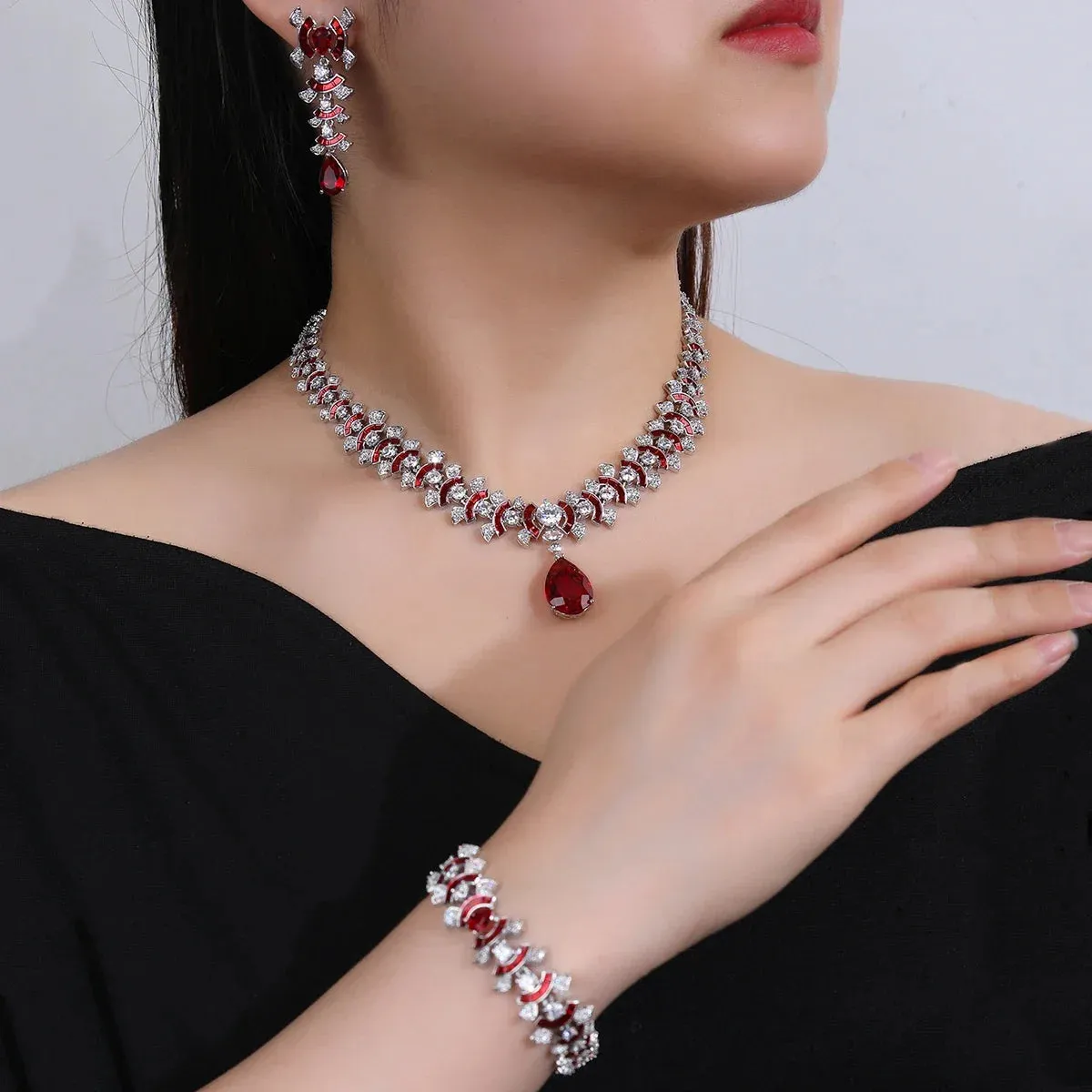 Fashion Elegant 4 Colors Cubic Zirconia Necklace Earrings Bracelet Set  Bridal Wedding Jewelry Set Party Accessories CN11265