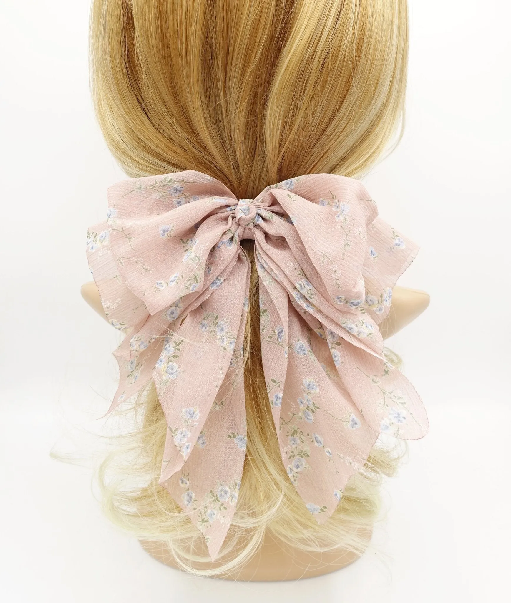 floral chiffon bow double layered tail bow hair barrette for women