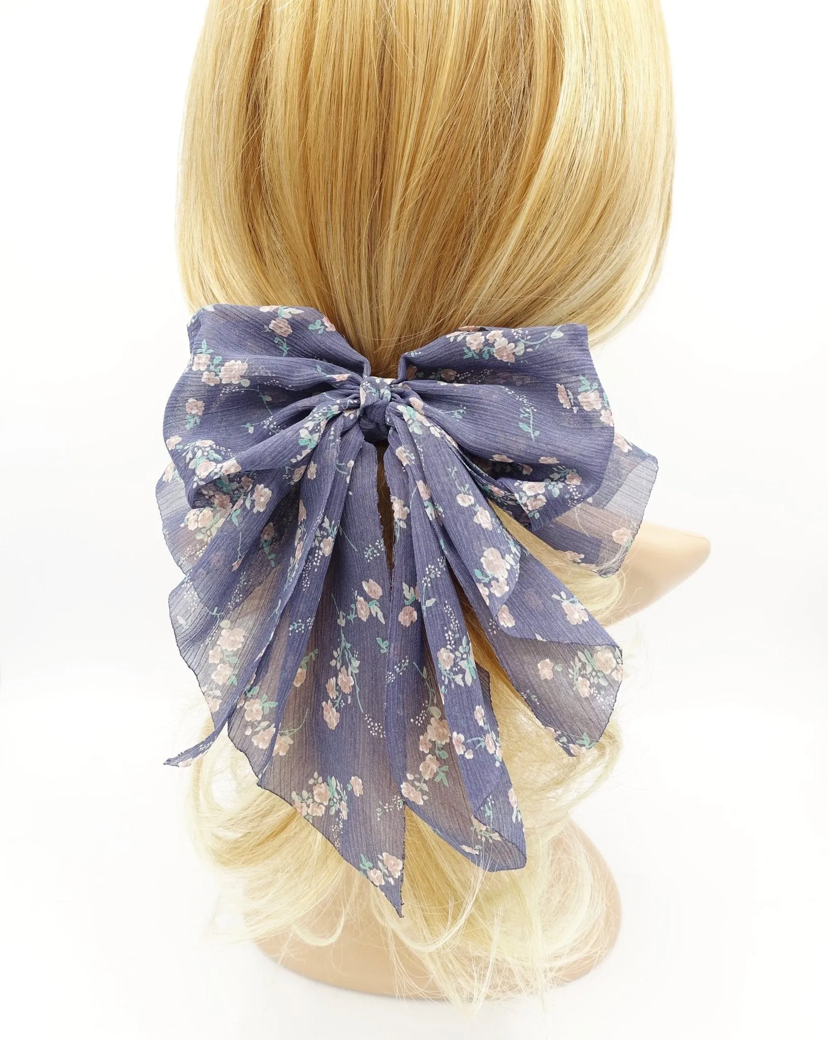 floral chiffon bow double layered tail bow hair barrette for women