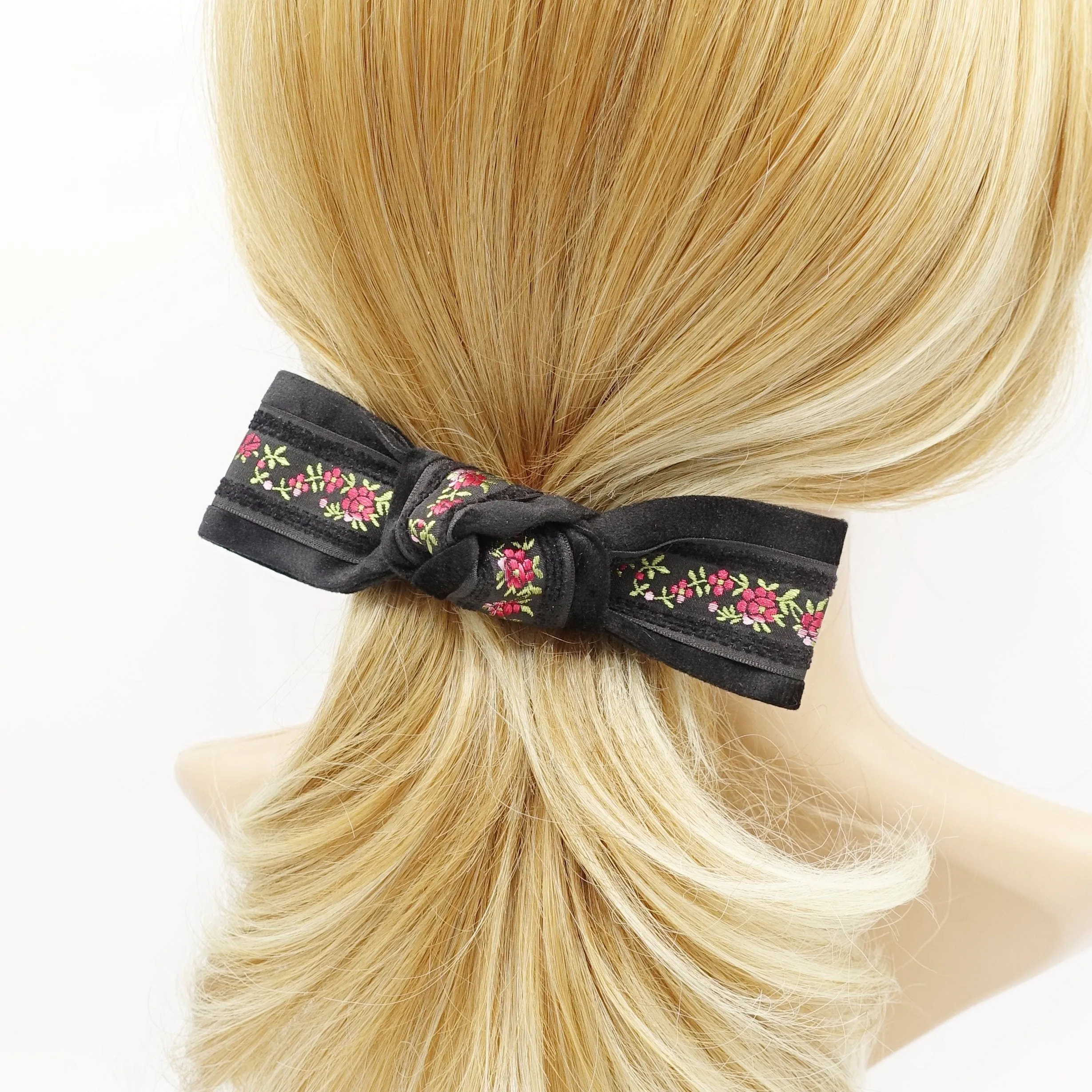 flower embroidery velvet layered knot hair bow luxury style hair accessory for women