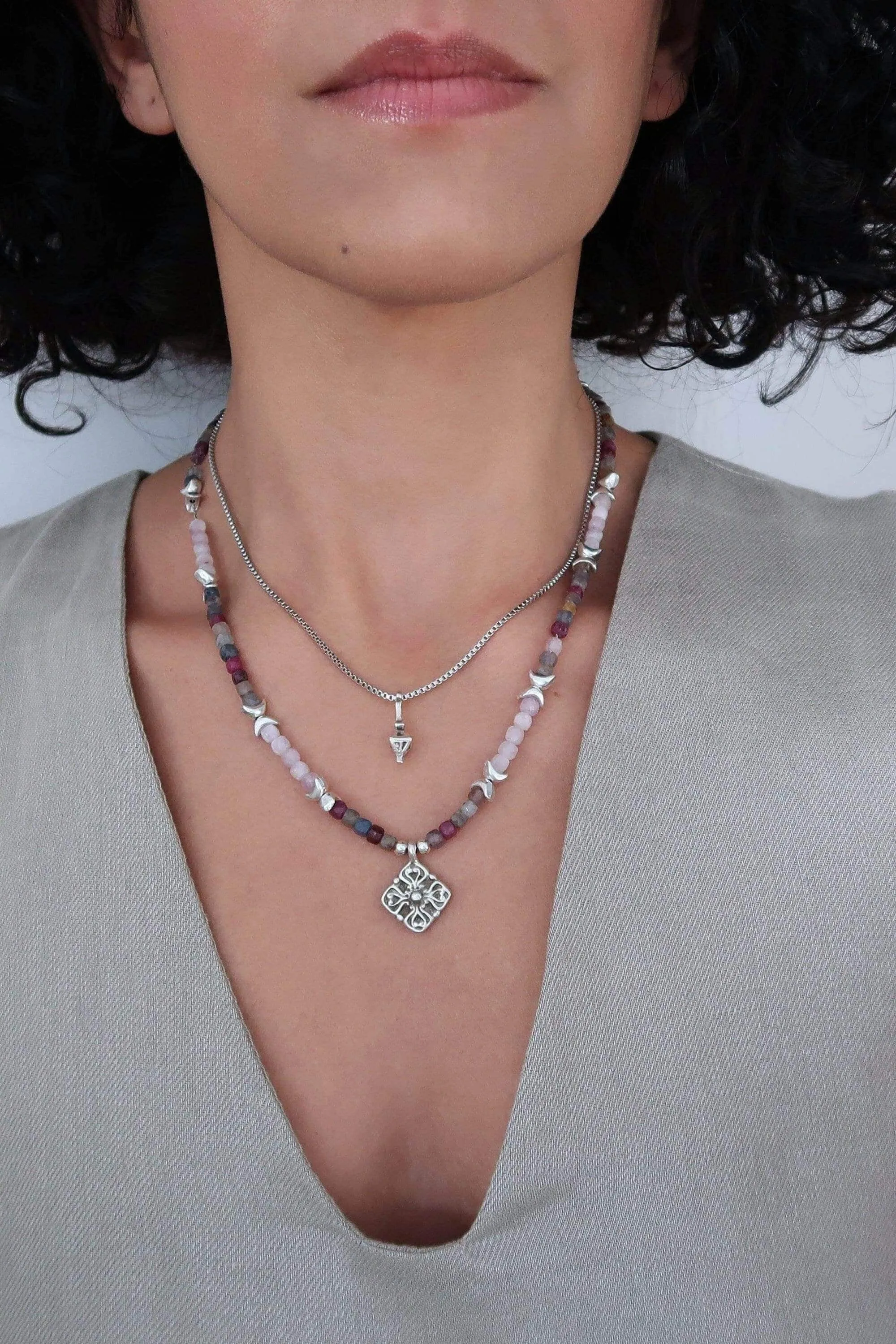 Gemstone Layered Necklace Set - Ruby Sapphire Kunzite Pendants