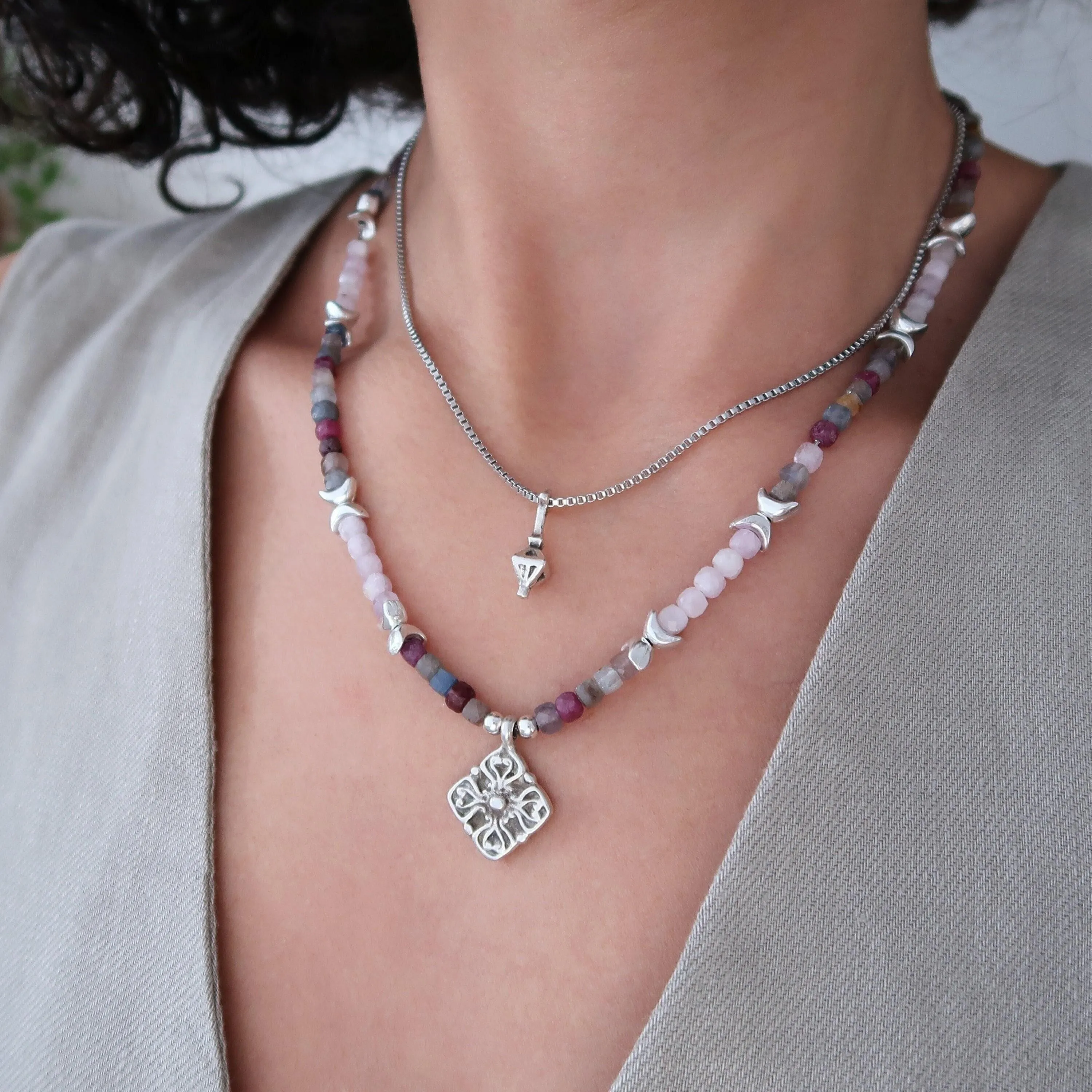 Gemstone Layered Necklace Set - Ruby Sapphire Kunzite Pendants