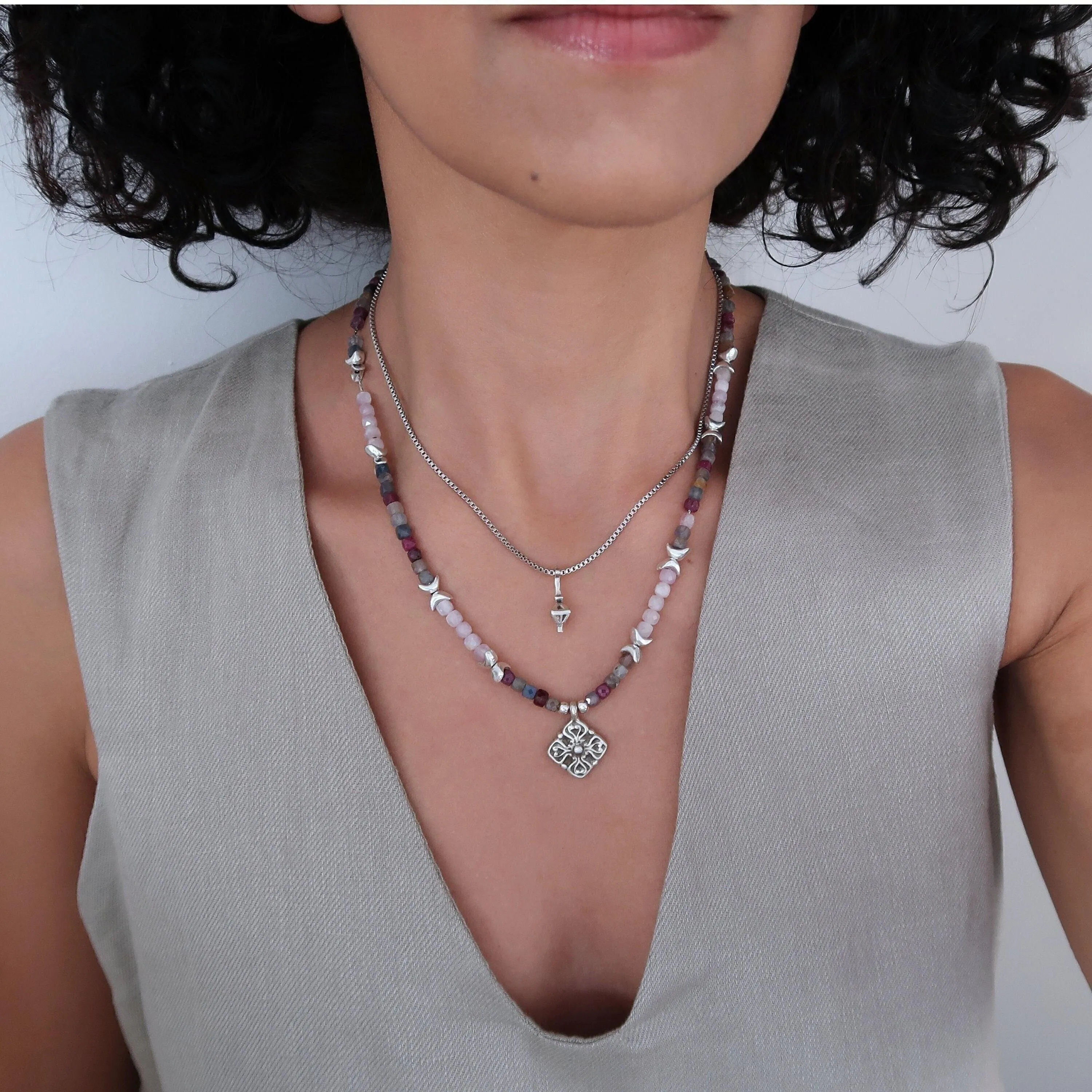 Gemstone Layered Necklace Set - Ruby Sapphire Kunzite Pendants