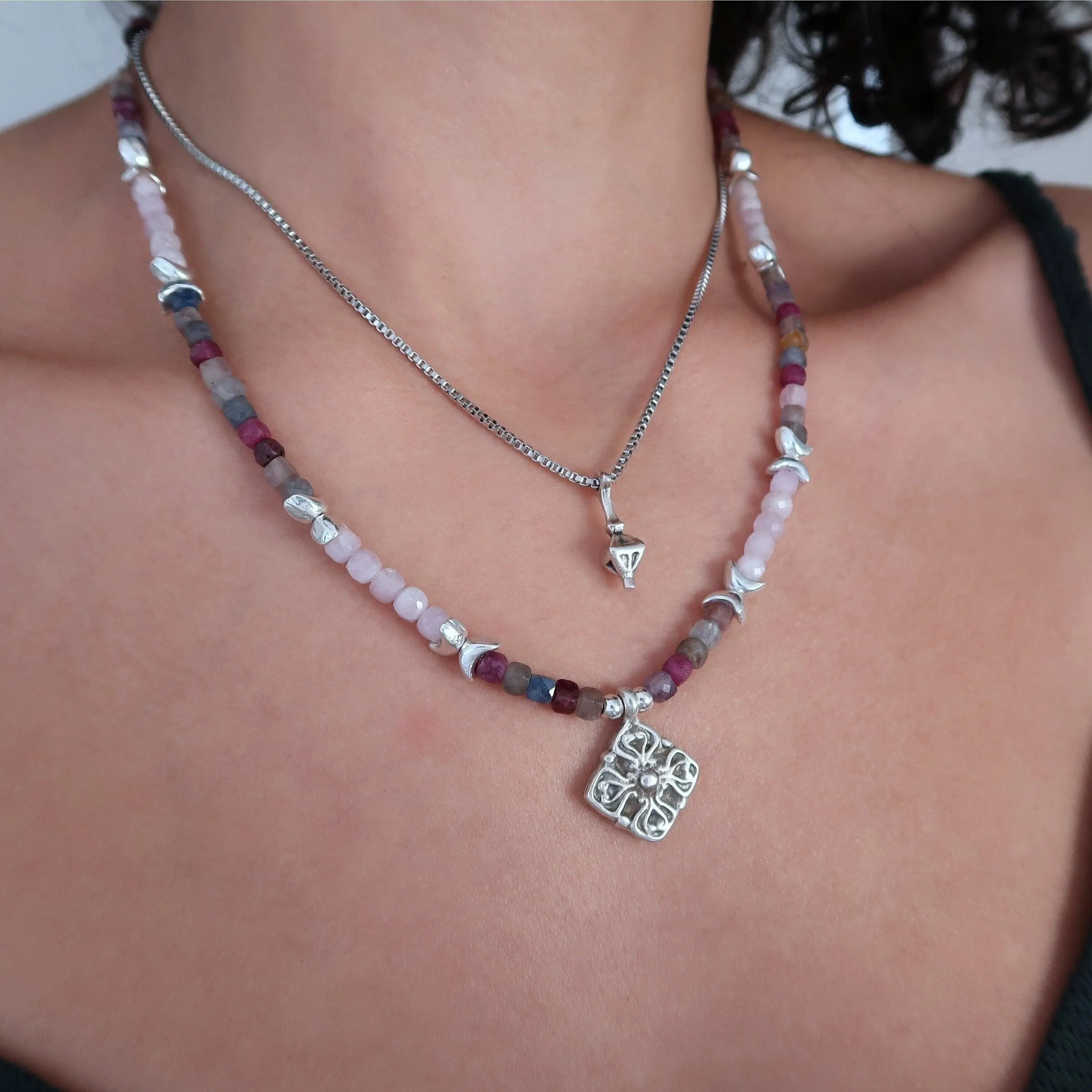 Gemstone Layered Necklace Set - Ruby Sapphire Kunzite Pendants