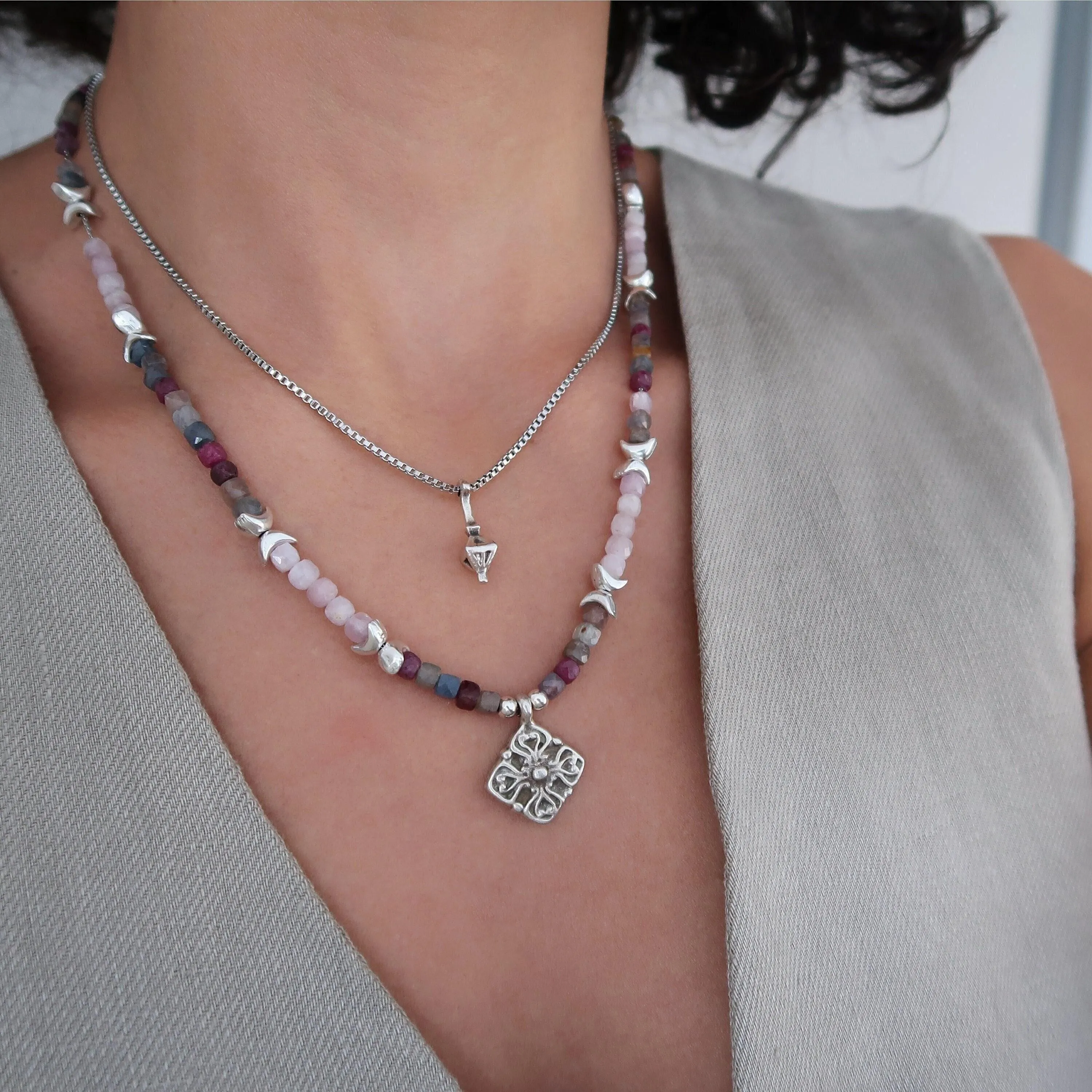 Gemstone Layered Necklace Set - Ruby Sapphire Kunzite Pendants