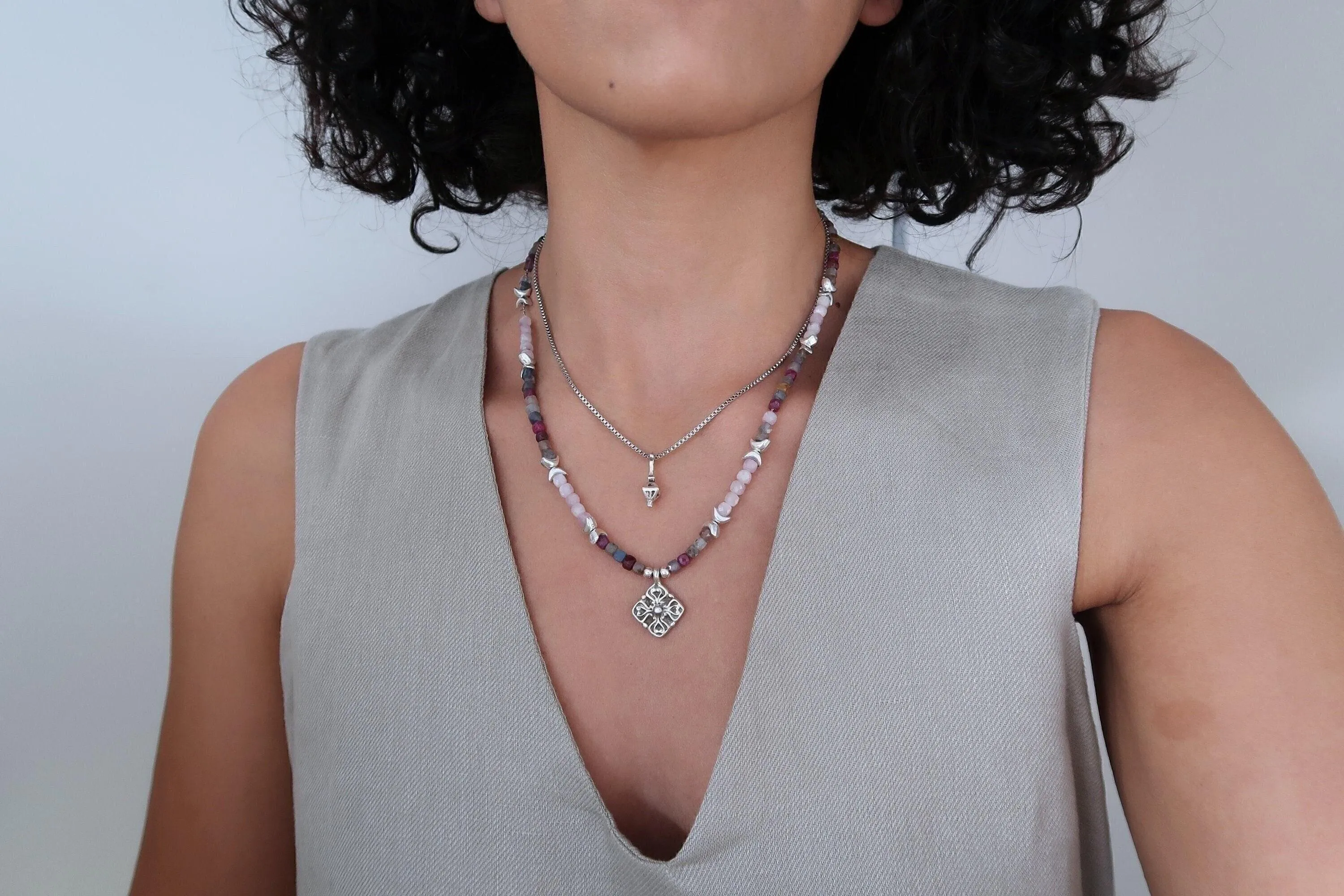 Gemstone Layered Necklace Set - Ruby Sapphire Kunzite Pendants