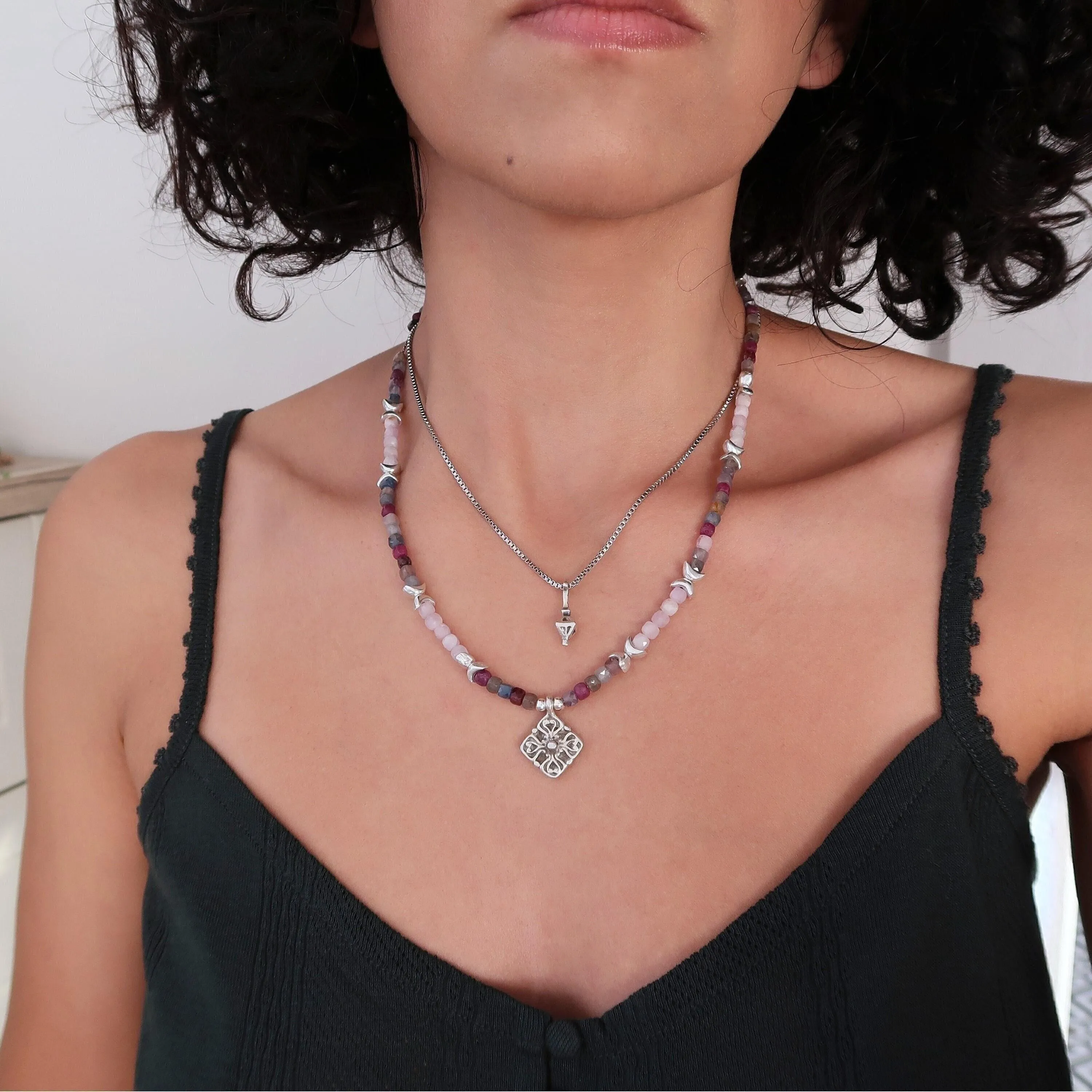 Gemstone Layered Necklace Set - Ruby Sapphire Kunzite Pendants