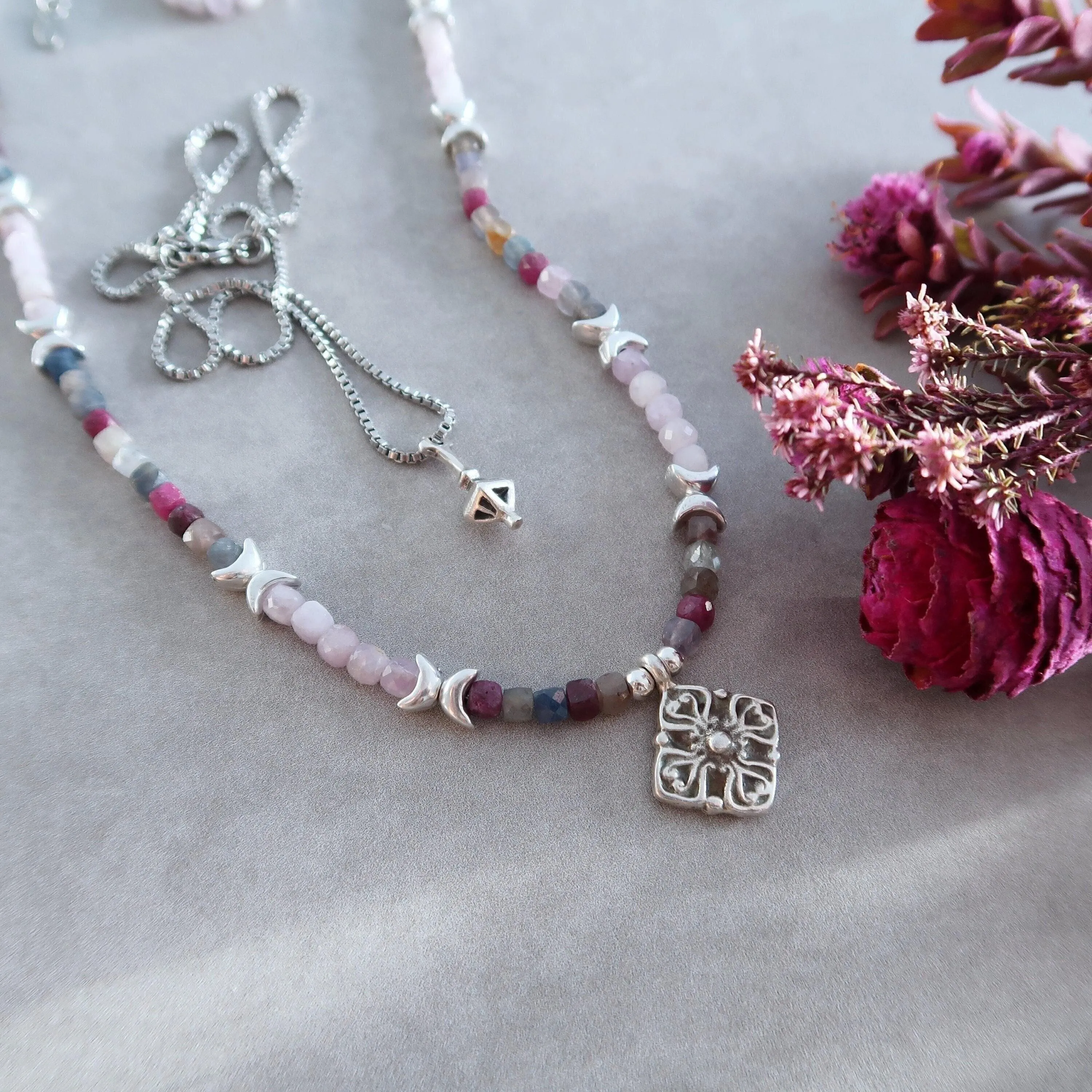 Gemstone Layered Necklace Set - Ruby Sapphire Kunzite Pendants