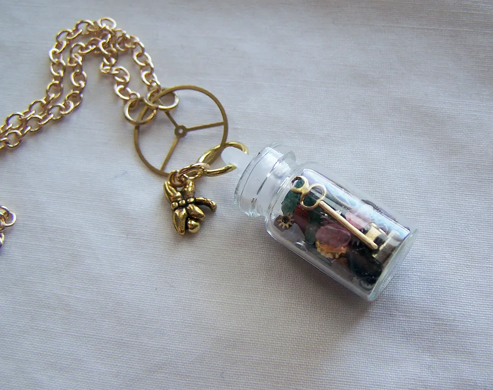 Gemstones and Vintage Watch Parts Miniature Bottle Pendant