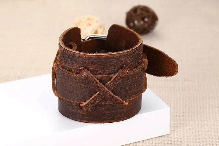 Genuine Leather CrissCross Alloy Clasp Adjustable Bracelet