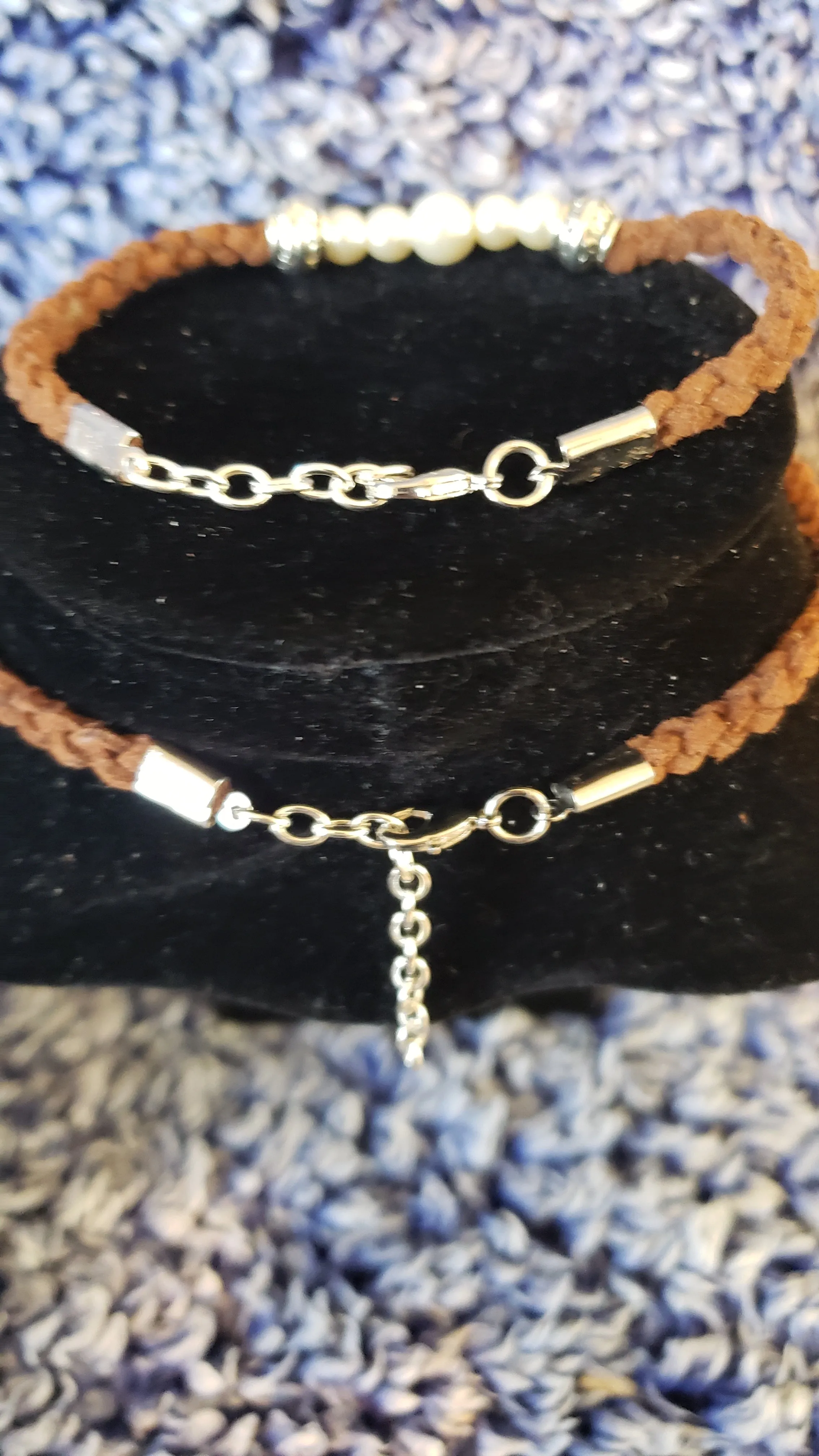 Glass Pearls & Brown Leather Set. Choker, Bracelet & Earrings. Fully adjustable with Lobster Claw Clasps.