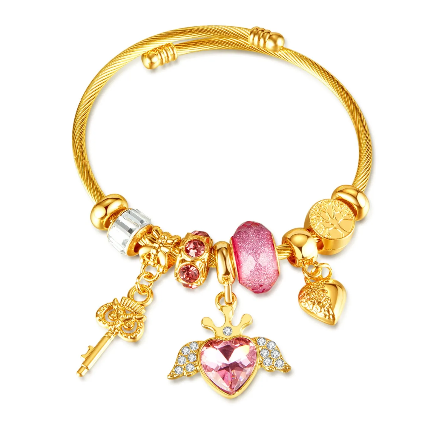 Gold Charm Bracelet for Women with Pink Heart and Key Charms - Elegant and Stylish Jewelry for Any Occasion