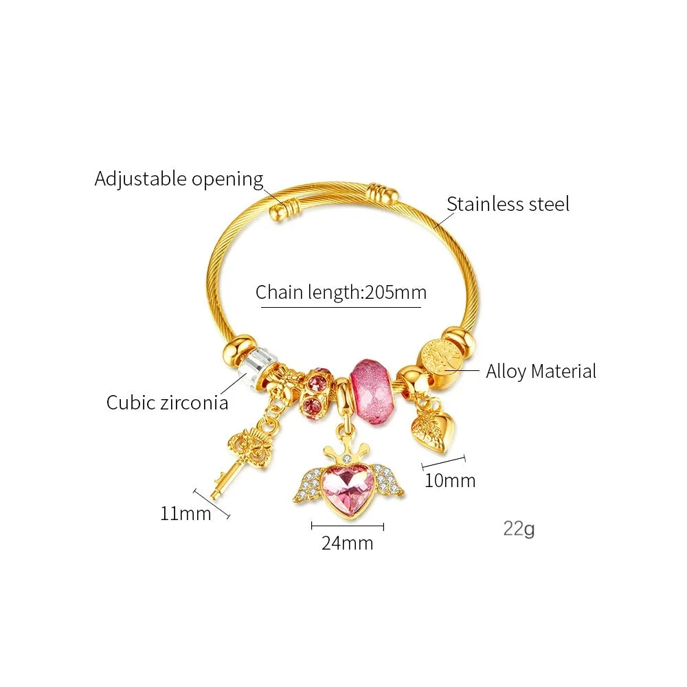 Gold Charm Bracelet for Women with Pink Heart and Key Charms - Elegant and Stylish Jewelry for Any Occasion