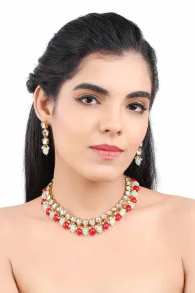 Gold Finish Diamond Shape Kundan Choker Necklace & Earrings Set