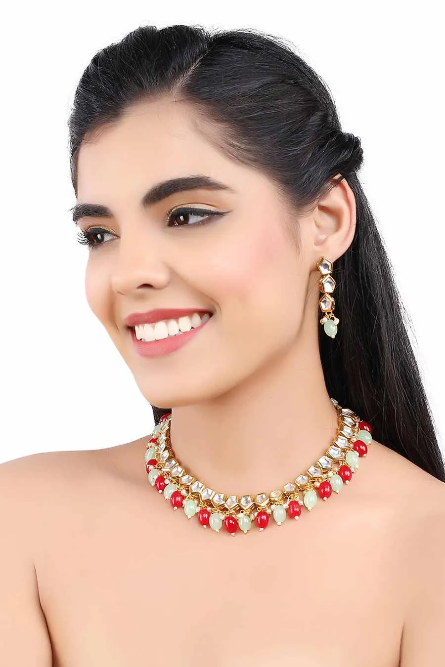 Gold Finish Diamond Shape Kundan Choker Necklace & Earrings Set