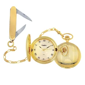 Gold Finish Large Engraved Watch Gold/Date & Plain Knife & Chain Set