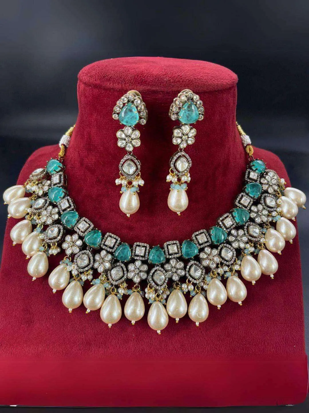 Gold Finish Multi Colored Kundan Necklace Set