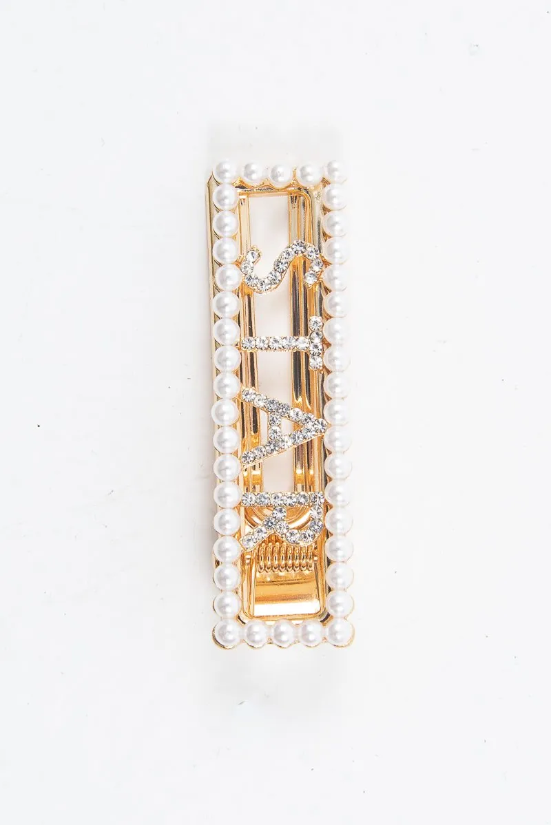 Gold Pearl Detail Star Slogan Crocodile Barrette - Krissy