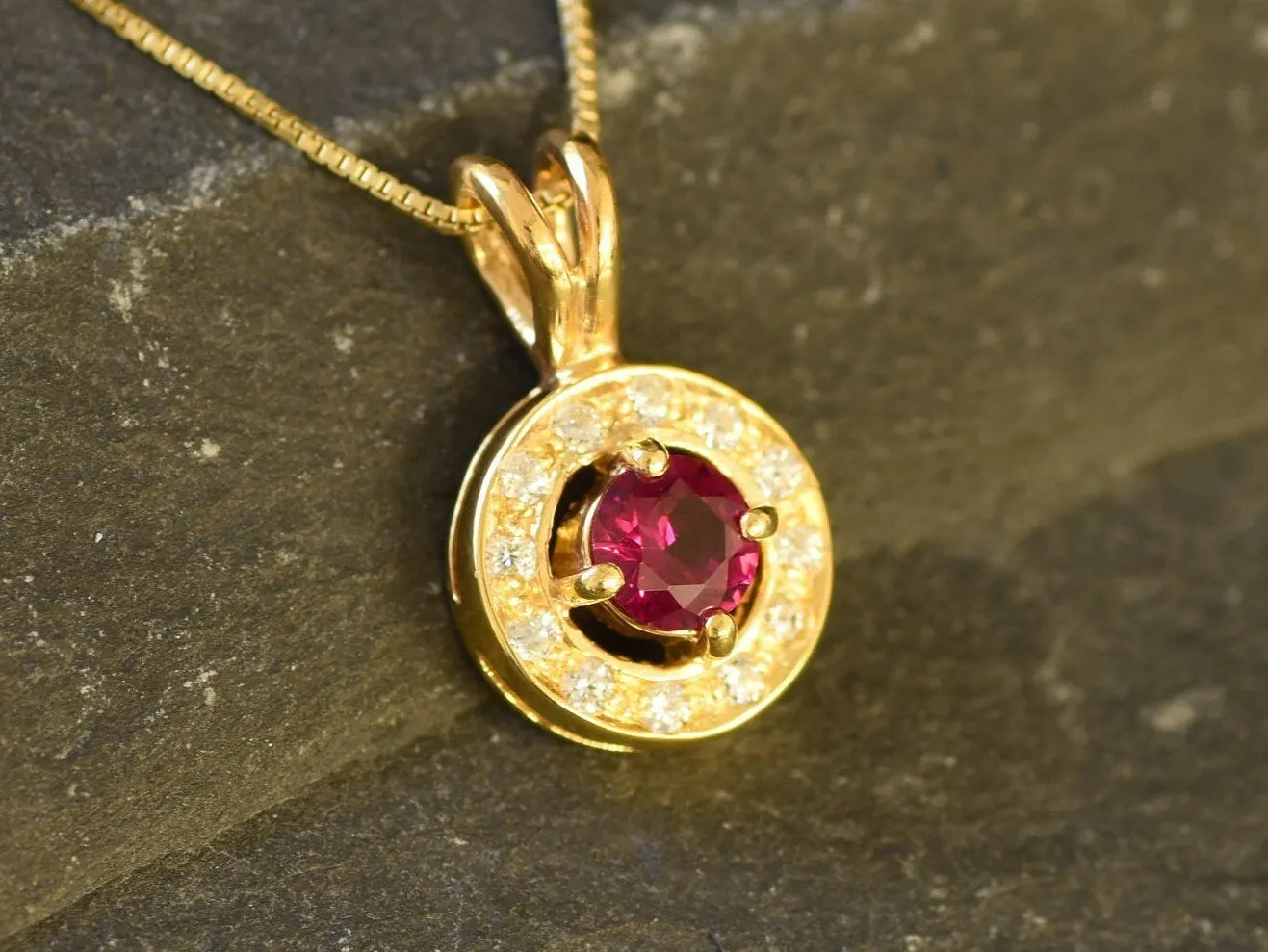 Gold Ruby Pendant - Halo Vintage Ruby Necklace, Round Dainty Red Pendant