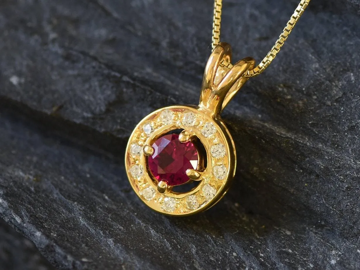 Gold Ruby Pendant - Halo Vintage Ruby Necklace, Round Dainty Red Pendant