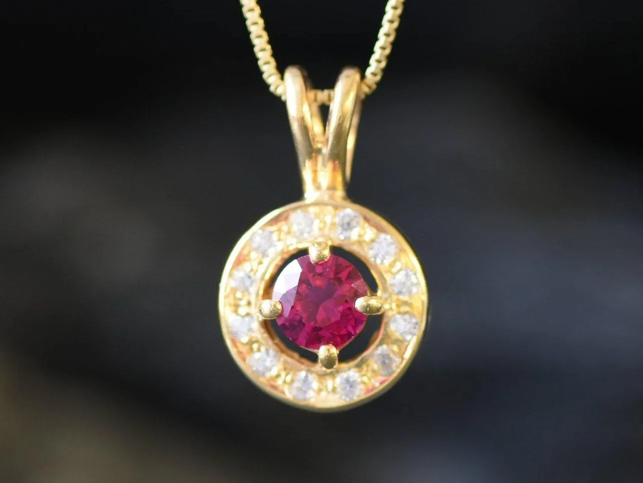 Gold Ruby Pendant - Halo Vintage Ruby Necklace, Round Dainty Red Pendant